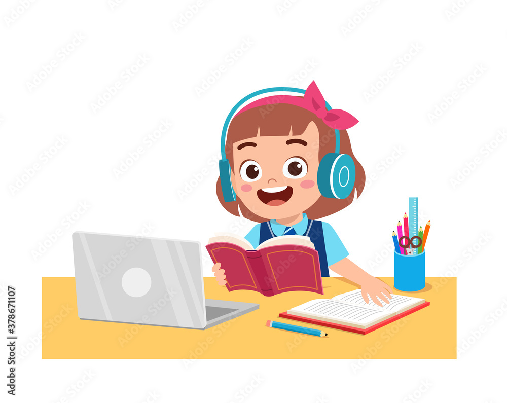 happy cute little kid do home school with computer laptop connect to internet study e-learning and course. e-learning web element happy cute little kid do home school with computer laptop connect to internet study e-learning and course. e-learning web element