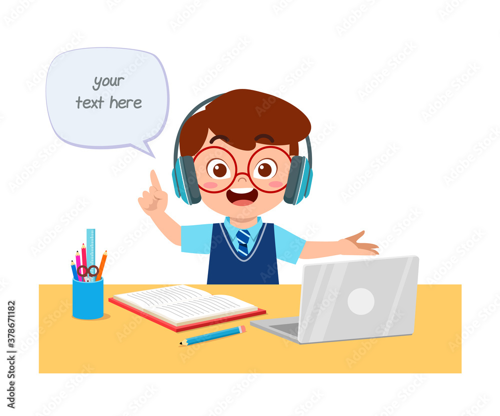 happy cute little kid do home school with computer laptop connect to internet study e-learning and course. e-learning web element