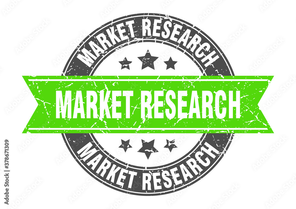 Fototapeta premium market research round stamp with ribbon. label sign