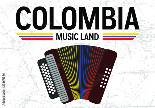Colombia music land with a clombian flag accordion colors and 
worn out effect at background. Colombian and latin american culture concept