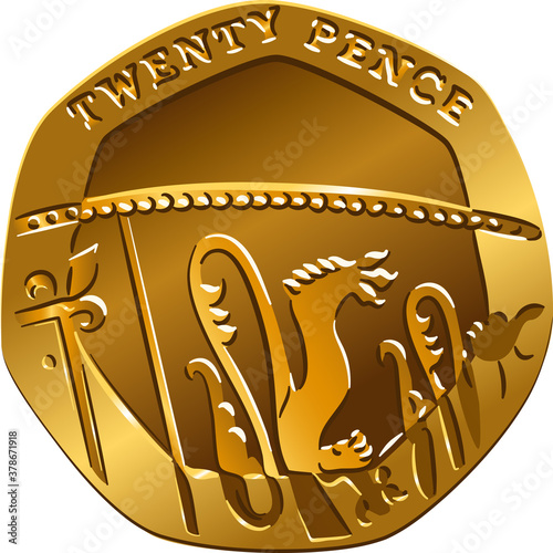 British money gold coin Reverse twenty pences, reverse with Segment of Royal Shield