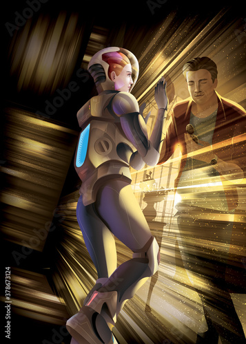 Vector illustration of the woman astronaut goes for a mission in the universe got trapped in the time dimensions and try to contact her husband on earth