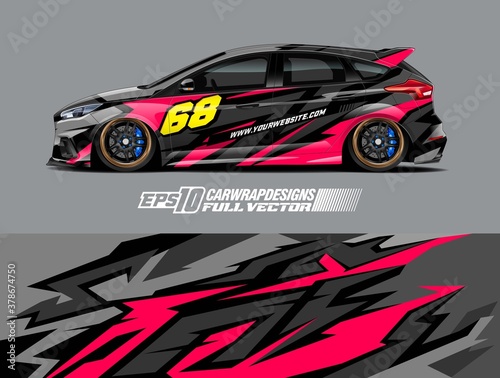 Car wrap decal graphic design. Abstract stripe racing background designs for wrap cargo van, race car, pickup truck, adventure vehicle. Eps 10