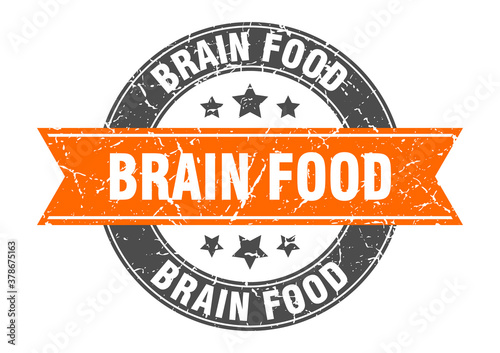 brain food round stamp with ribbon. label sign