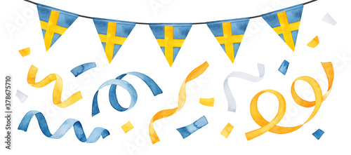 Water color collection of festive garland, flag of Sweden and party confetti. Blue, yellow and white colours. Handdrawn watercolour graphic painting, cut out clip art elements for design decoration.