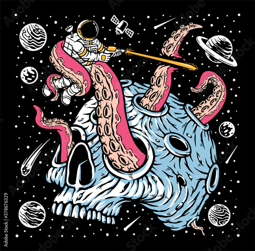 Astronauts on planet skull illustration