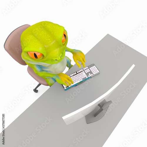 little frog cartoon is working on the computer top view