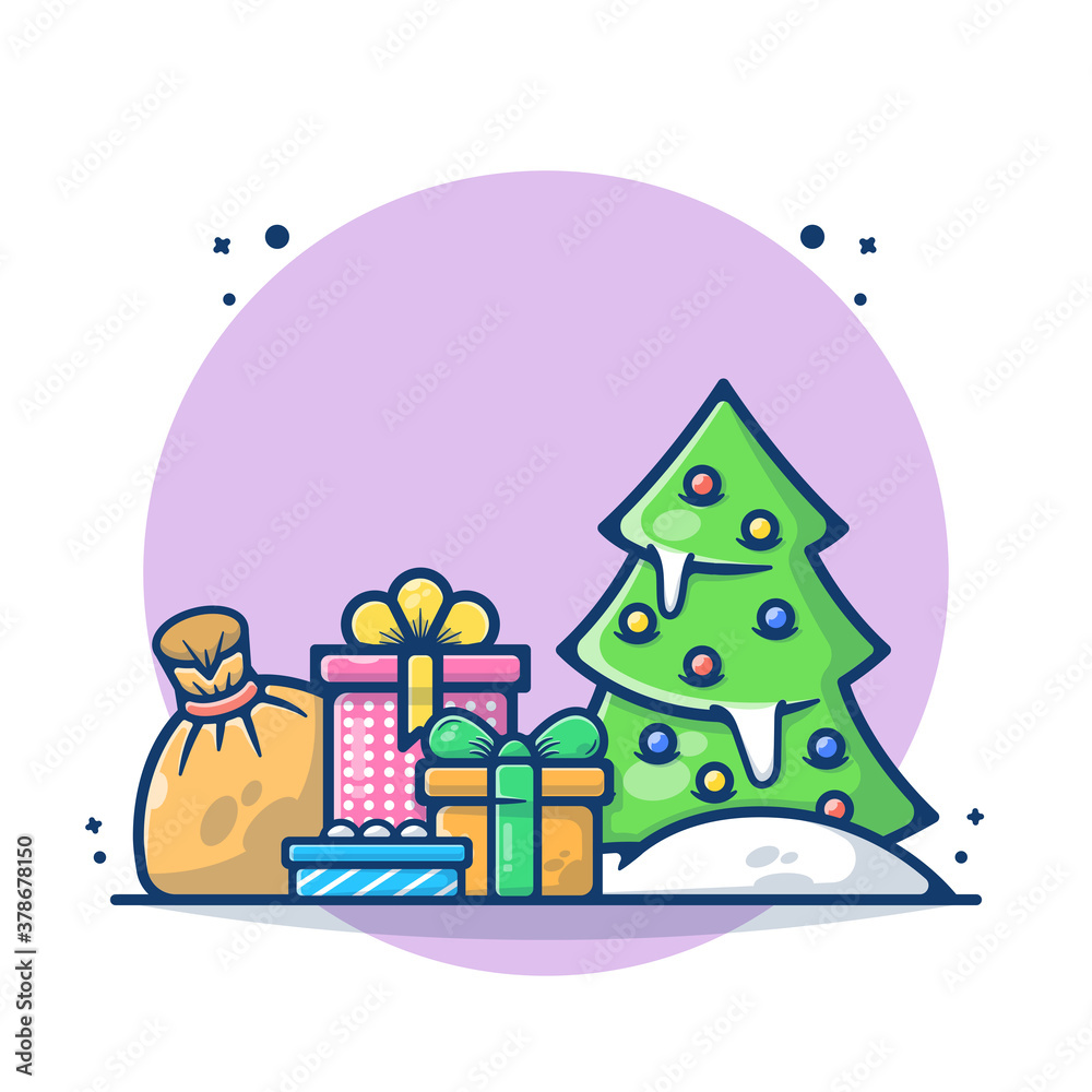 Illustration vector graphic of Christmas tree with a gift box and Santa bag. Christmas and New Year 2021 concept. Flat cartoon style perfect for sticker, wallpaper, icon, landing page, website.