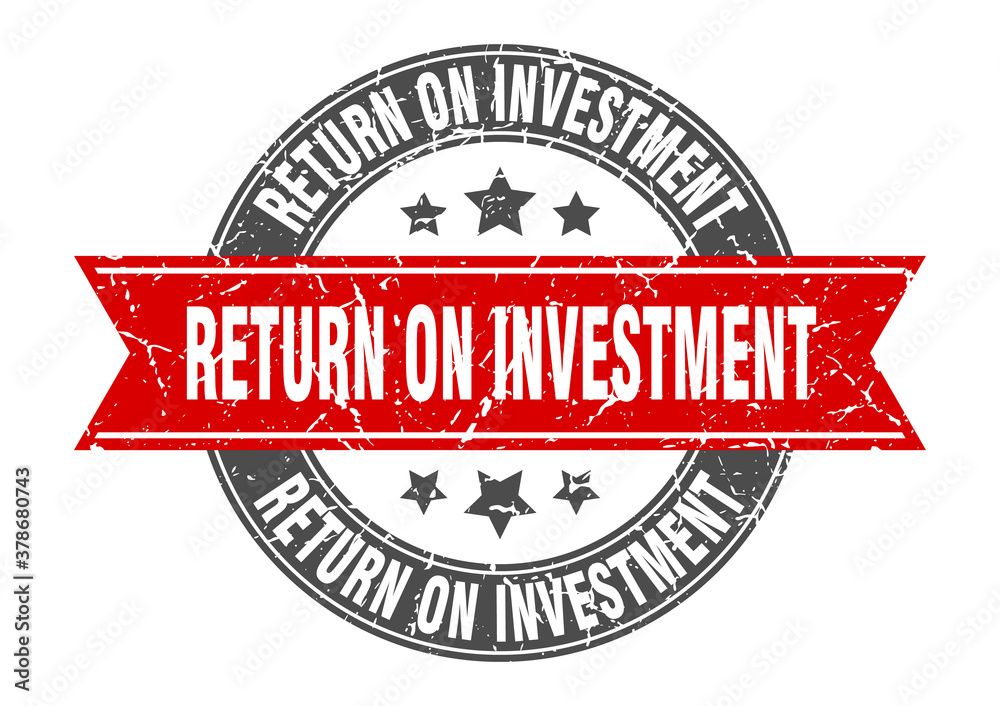 return on investment round stamp with ribbon. label sign