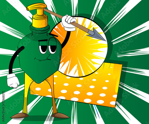 Cartoon bottle of hand sanitizer gel for hygiene with face holding spear in his hand.