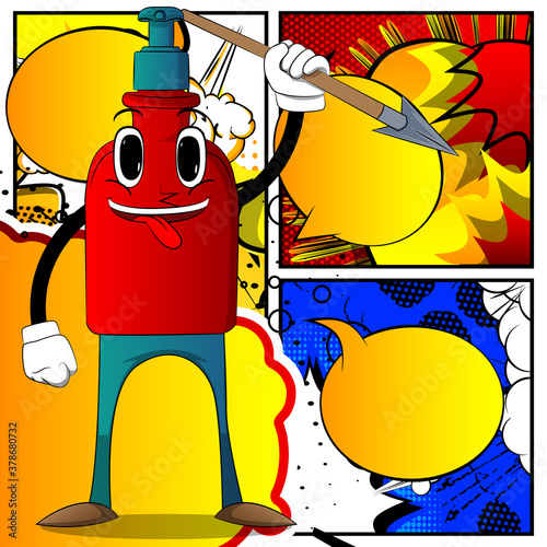 Cartoon bottle of hand sanitizer gel for hygiene with face holding spear in his hand.