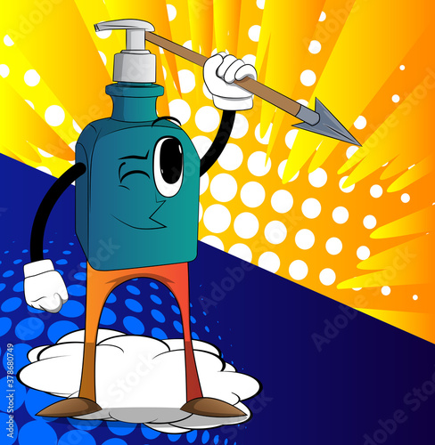 Cartoon bottle of hand sanitizer gel for hygiene with face holding spear in his hand.