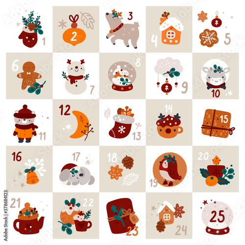 Christmas advent calendar with bull, reindeer, snowman, ginger man, cute baby animals and gifts, hand drawn cartoon style. Illustration with festive decorations and numerals. Christmas theme.