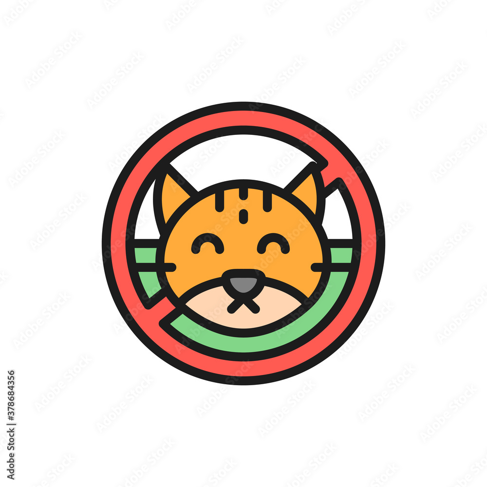 Forbidden sign with cat, no animal, wool pets allergy flat color line icon. Forbidden sign with cat, no animal, wool pets allergy flat color line icon.