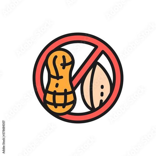 Forbidden sign with peanut, groundnut free, nut allergy flat color line icon.