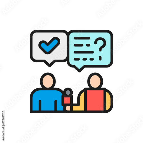 Reporter with microphone, social survey of voters, interview color line icon.