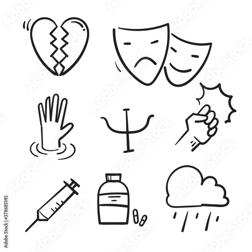 hand drawn doodle Set of Psychology Related Vector Line Icons. isolated background