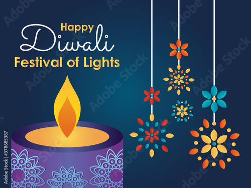 Happy diwali design with candle and rangolis hanging
