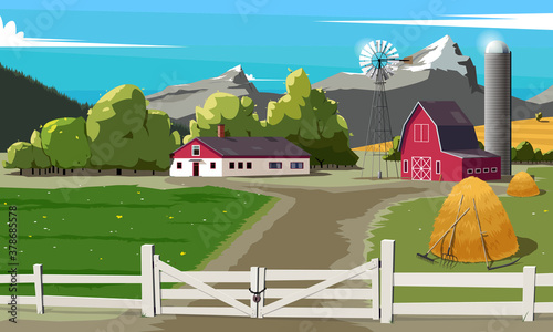 Country red farm with village house and Wind pump