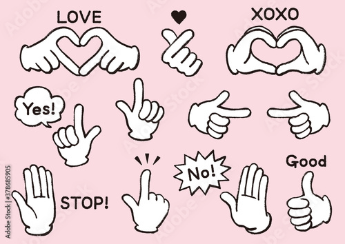 手のジェスチャー＆ハンドサインのチョークアート風アイコン 線＆白地