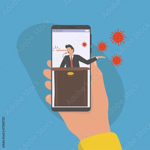 Businessman leader or politician with long nose lier talk about COVID-19 fake news on mobile phone. coronavirus fake news concept