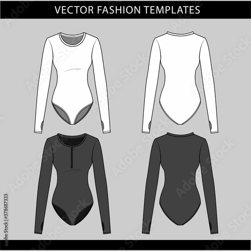 technical drawing fashion flat of women bodysuit with long sleeve front and back view