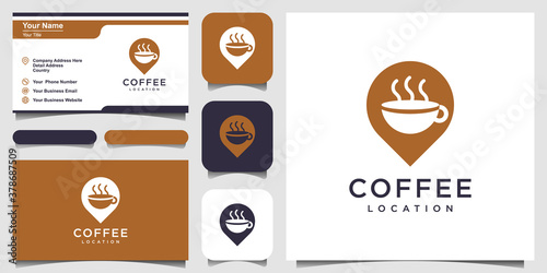 Coffee cup icon on the map pin. The coffee cup pin addresses the location for a coffee gathering. logo and business card design