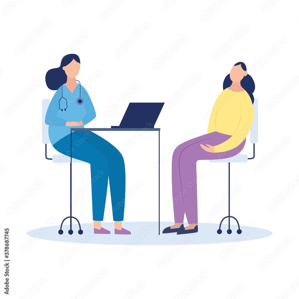 Woman at physicians office or hospital flat vector illustration isolated.