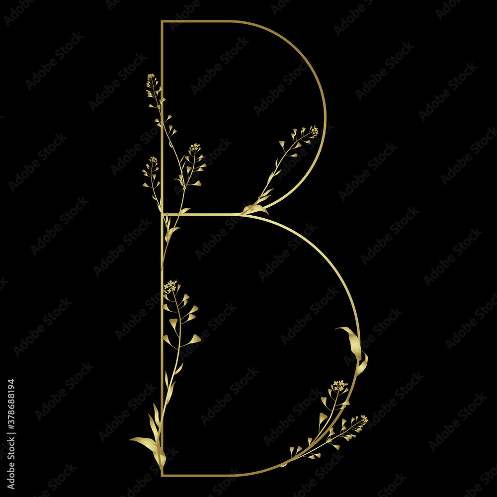 Golden capital letter B with floral motifs. Beautiful alphabet ...