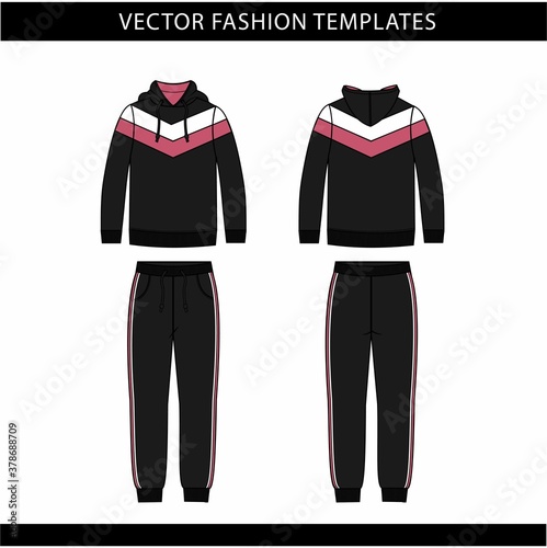 hoodie and Sweat pants fashion flat sketch template, jogging outfit front and back, sport wear outfit 