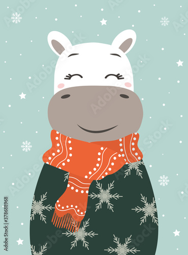 Cute winter smiling white hippopotamus with snowflakes. Cartoon zoo. Vector illustration. Animal for the design of children products in scandinavian style.
