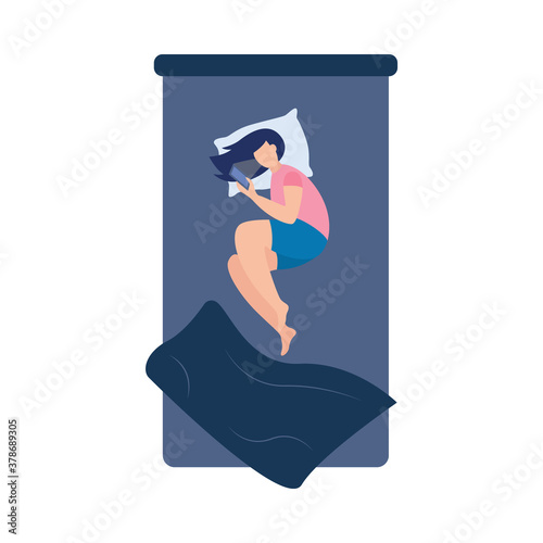 Woman using phone in bed - cartoon girl with insomnia browsing internet