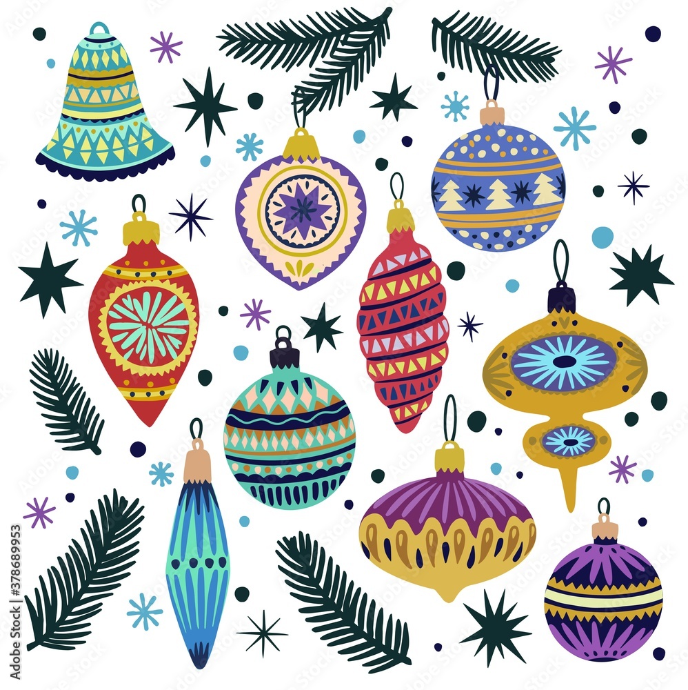 Plakat Big set of cute doodle vintage vector Christmas decorations for fir tree.