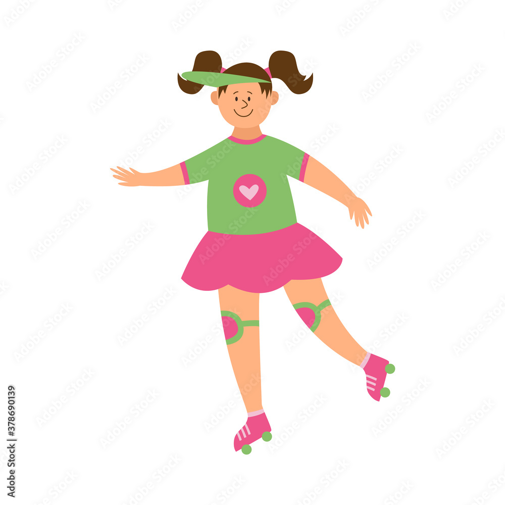 Little girl character rides on roller skates flat vector illustration isolated. Little girl character rides on roller skates flat vector illustration isolated.