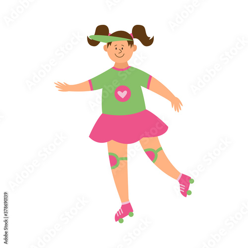 Little girl character rides on roller skates flat vector illustration isolated.