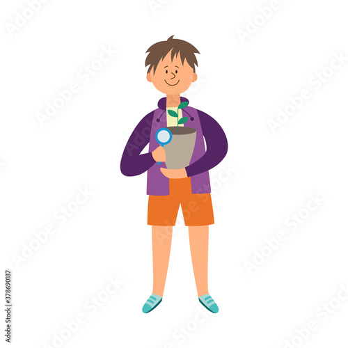 Kid fond of houseplants growing or botanic flat vector illustration isolated.