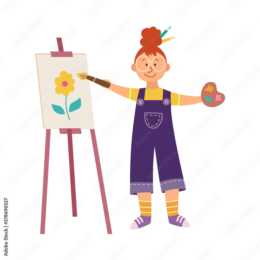 Φωτογραφία Child girl painting on canvas behind easel, flat vector illustration isolated