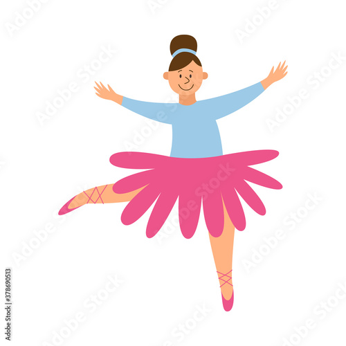 Cute little girl in tutu skirt dancing flat vector illustration isolated.