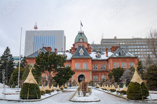 Beautiful architecture of former Hokkaido government office building hall landmark of Sapporo city Hokkaido Japan in snow winter season