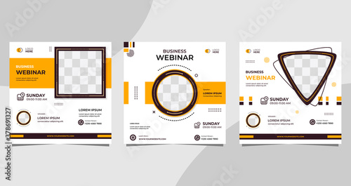 Set of social media post template for Business conference Webinar, Marketing Webinar, and other seminars. with White and Orange background