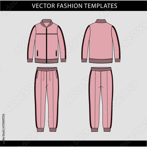 jacket and Sweat pants fashion flat sketch template, jogging outfit front and back, sport wear outfit 