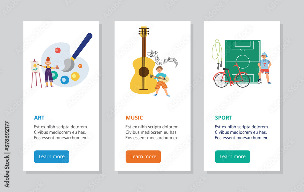 Mobile pages for kids art and sport activity, flat vector illustration isolated.