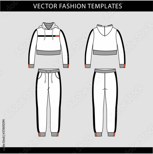 hoodie and Sweat pants fashion flat sketch template, jogging outfit front and back, sport wear outfit 