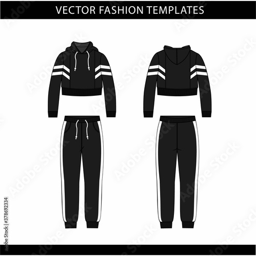 hoodie and Sweat pants fashion flat sketch template, jogging outfit front and back, sport wear outfit 