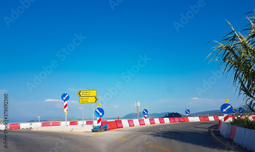 road signals works ahead turns in Aktio Greece