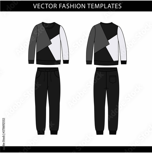 Sweatshirt and pants fashion flat sketch template, jogging outfit front and back, sport wear outfit 