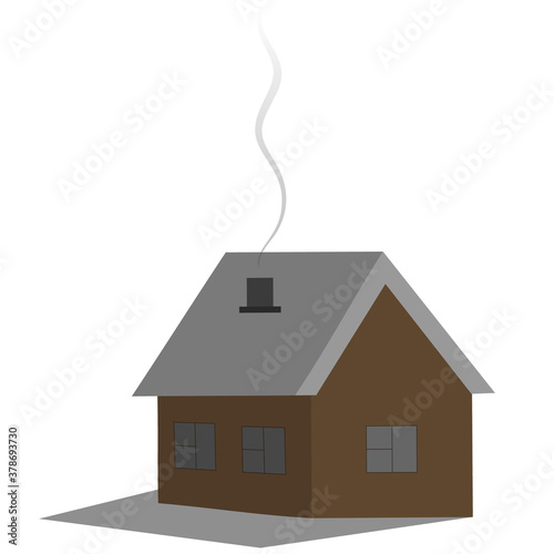 Cozy country dwelling. Vector illustration. House. Smoke billows from the chimney. Isolated white background. Holiday cottage. Wooden house. Residential building away from the bustle of the city. 