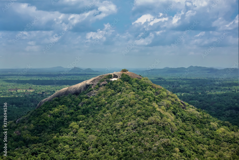 Panorama of the jungle of Sri Lanka from above. In the foreground is a green hill. In the distance, a valley overgrown with jungle, silhouettes of mountains against the sky. Sigiriya.