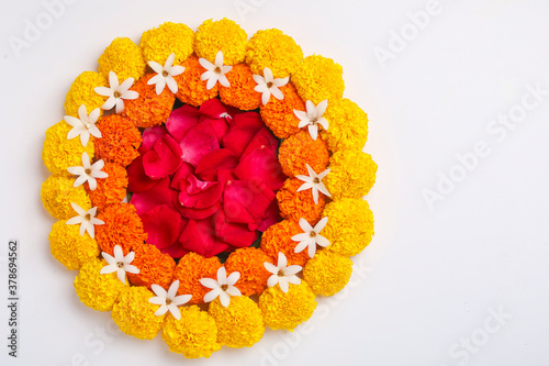 Marigold Flower rangoli Design for Diwali Festival , Indian Festival flower decoration photo