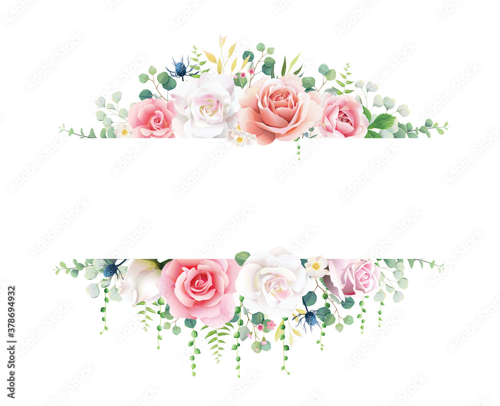 Pink and white rose with greenery banner on white background. Beautiful template for wedding invitation or greeting card, banner. All elements are isolated and editable. Vector.
